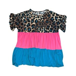 Leopard Print Hot Pink and Turquoise Flowy Blouse Ruffle Top Size Women’s Large